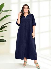 Seusyu 大碼缺口領燈籠袖洋裝