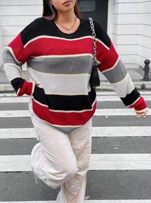 Flirla Plus Color Block Drop Shoulder Sweater Knit Pullover Fall Winter Sweater - Multicolor - View 6