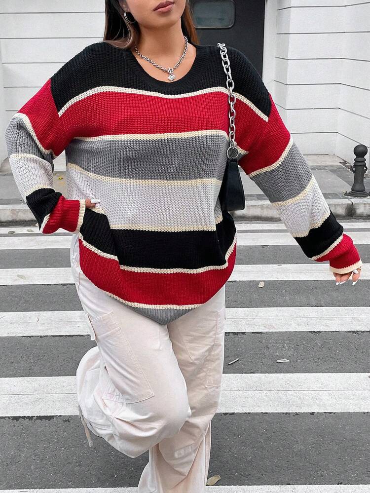 Plus Color Block Drop Shoulder Sweater Knit Pullover Fall Winter Sweater