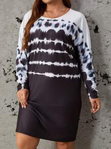 SHEIN LUNE 大碼紮染蝙蝠袖T恤洋裝 - 黑與白 - 查看 1