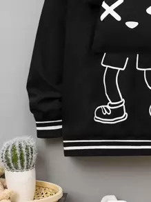 SHEIN Tween Boy 1pc Cartoon Graphic Striped Trim Slant Pockets Drop Shoulder Varsity Jacket - Black - View 9