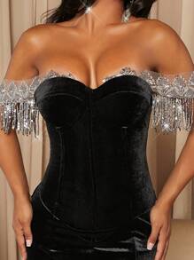 SHEIN SXY Off Shoulder Contrast Sequin Split Hem Velvet Dress