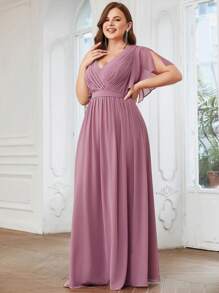 EVERPRETTY Elegant V-Neck Ruffle Sleeve Floor Length Bridesmaid Dress - Dusty Pink - View 4