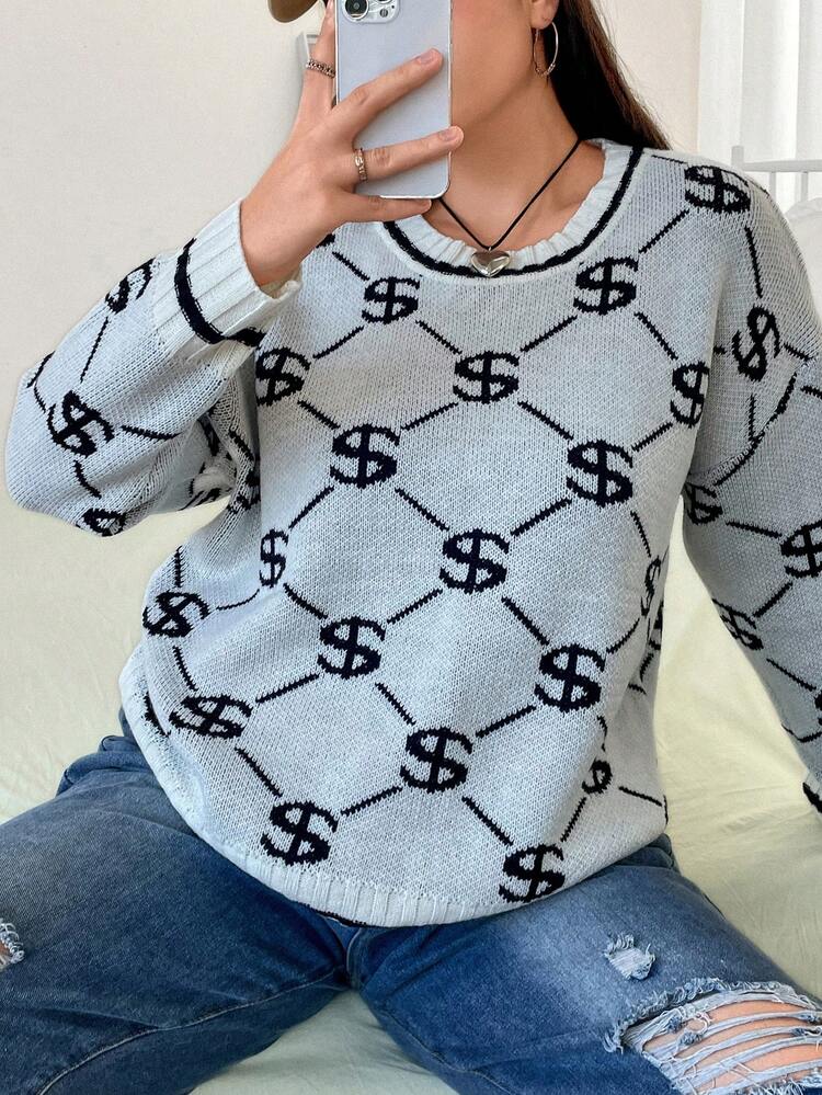 Plus Allover Pattern Drop Shoulder Sweater Knit Pullover Fall Winter Sweater