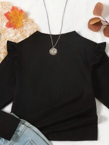 SHEIN Niñas Camiseta ribete en forma de lechuga tejido de canalé - Negro - Ver 5