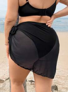 Swim Vcay Summer Beach Plus Solid Sheer Wrap Knot Side Cover Up Skirt Without Bikini Bottom - Black - View 2