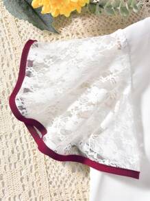 SHEIN Tween Girl Contrast Lace Bow Front Butterfly Sleeve Tee & Wide Leg Pants - Burgundy - View 4