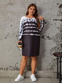 SHEIN LUNE 大碼紮染蝙蝠袖T恤洋裝 - 黑與白 - 查看 4