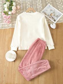 女大童心&字母刺繡法蘭絨套頭衫和褲子睡衣套裝 - 淺灰紫 - 查看 2