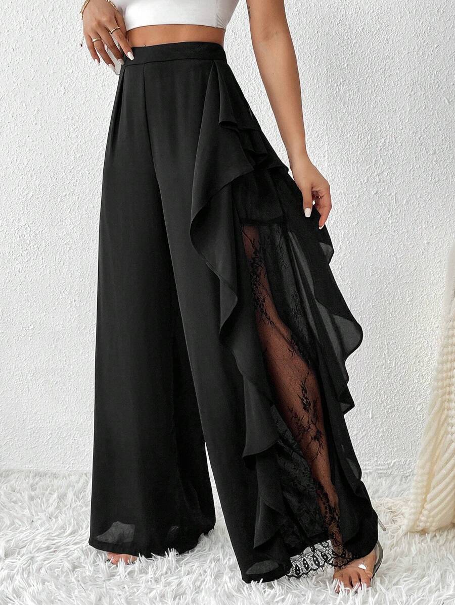 Firerie 蕾絲拼接荷葉邊闊腿褲 - 黑色 - 查看 1