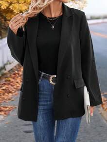 SHEIN LUNE Tay áo cuộn Đôi ngực Áo vest - màu đen - Xem 2