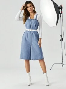 SHEIN Privé Solid Denim Overall Dress - Blue - View 5