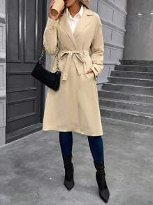 SHEIN Frenchy 西裝領落肩袖腰帶風衣外套 - 駝色 - 查看 5
