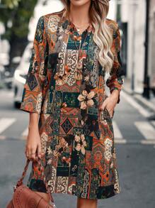 EMERY ROSE Floral & Patchwork Print Notched Neck Hidden Pocket Tunic Dress - Dark Green - View 1