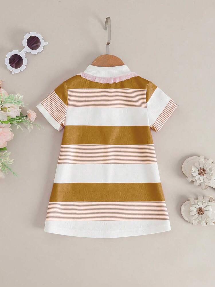Baby Girl Cartoon Graphic Colorblock Polo Neck Tee Dress