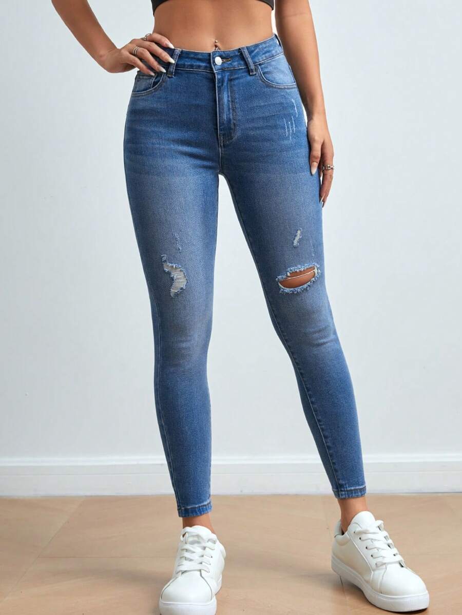 SHEIN PETITE Slant Pocket Ripped Skinny Jeans - Medium Wash - View 1