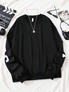 Teen Girl Letter Graphic Drop Shoulder Sweatshirt - Black - View 2