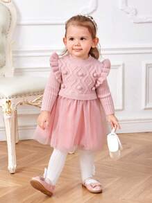 SHEIN 嬰兒休閒寬鬆長袖圓領套頭毛衣網紗連身裙 - 粉色 - 查看 1