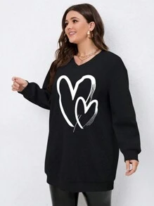 SHEIN LUNE Plus Heart Print Drop Shoulder Sweatshirt Pullover Fall Sweatshirt - Black - View 4