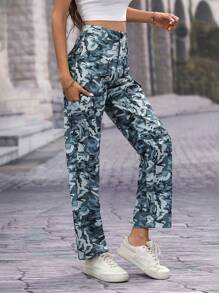 SHEIN Unity Camo Print Straight Leg Pants - Army Green - View 3