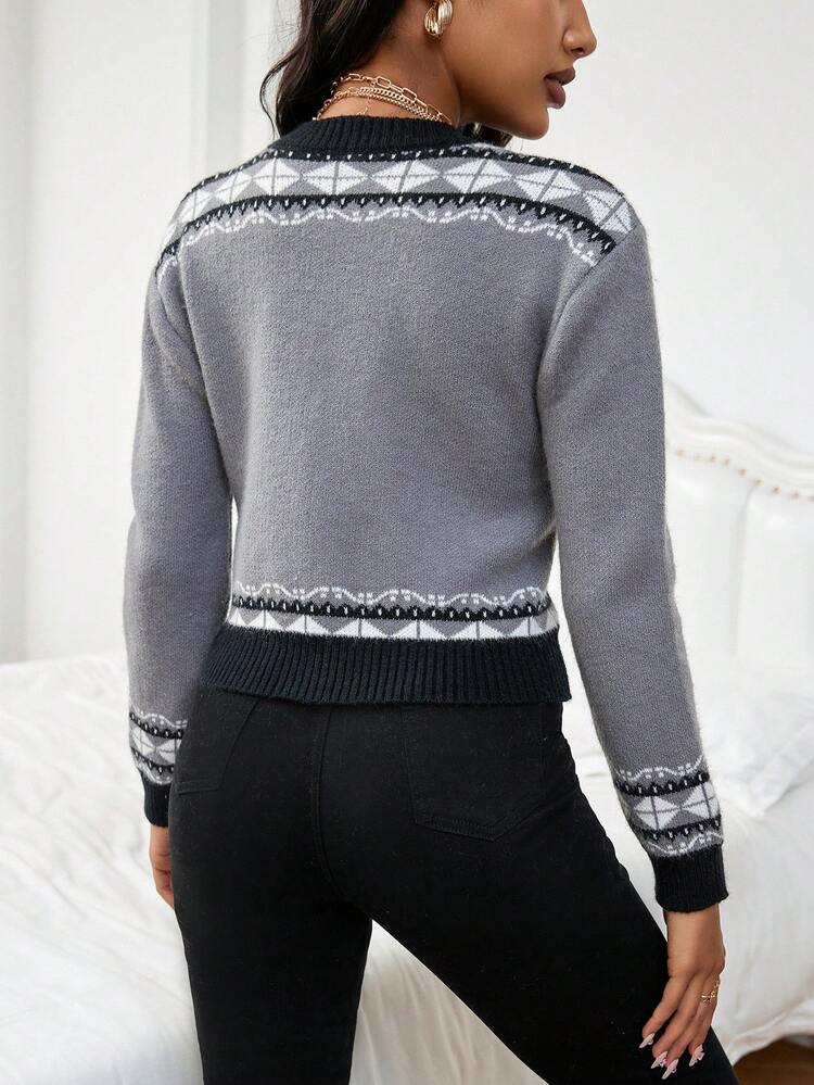 Geo Pattern Contrast Trim Knit Pullover Fall Winter Sweater
