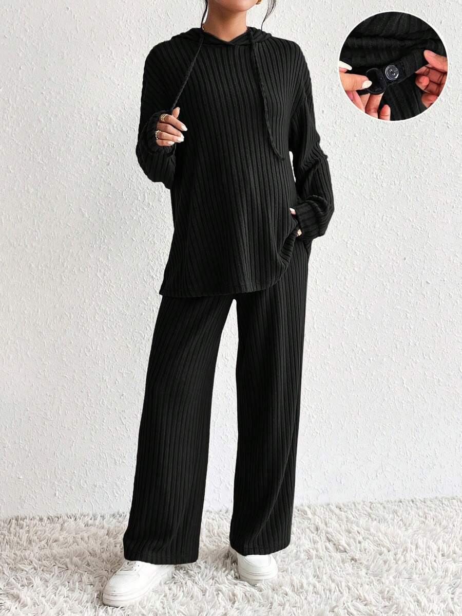 SHEIN 2pcs/Set Maternity Adjustable Drawstring Hooded Sweatshirt And Waistband Pants - Black - View 1