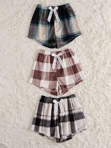 3pcs Plaid Bow Front Sleep Shorts - Multicolor - View 5