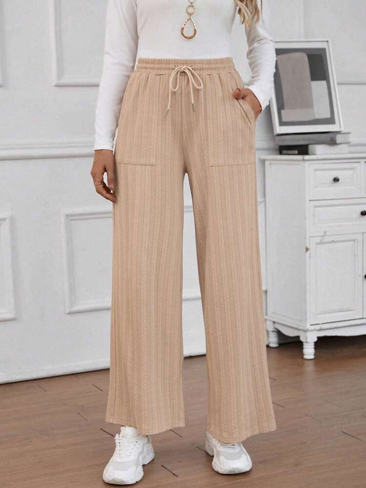 EMERY ROSE Cintura Com Cordão Bolso Inclinado Calças Pernas Largas - Caqui - Visão 1