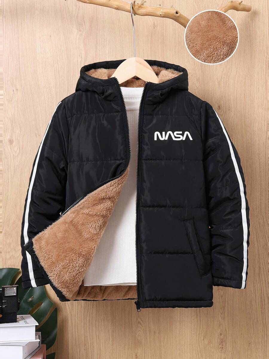 SHEIN Áo khoác có mũ lót nhiệt cho bé trai Tween Boy Letter Graphic Contrast Tape không có áo phông - màu đen - Xem 1