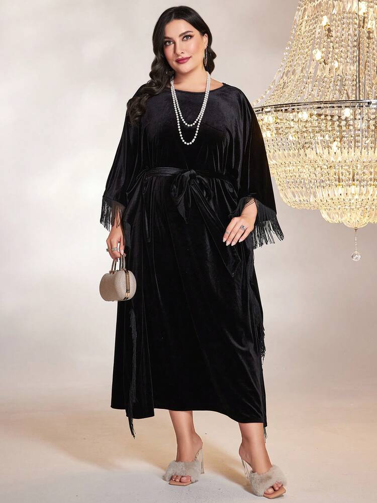 Plus Size Long Sleeve Fringe Hemline Dress Kaftan Jalabiya Dress