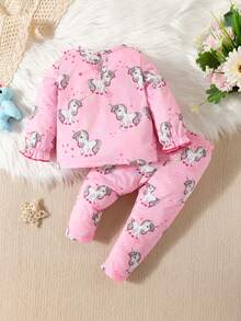 Baby Girl Unicorn Print Ruffle Trim Flounce Sleeve PJ Set - Multicolor - View 2