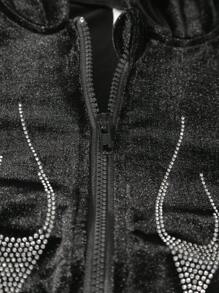 SHEIN Explorewe Tween Girl 1Pc Rhinestone Fire Pattern Velvet Zipper Up Hoodie & 1Pc Flare Leg Pants Concert Outfit - Black - View 6