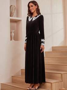 Contrast Lace Collar Velvet Dress - Black - View 3