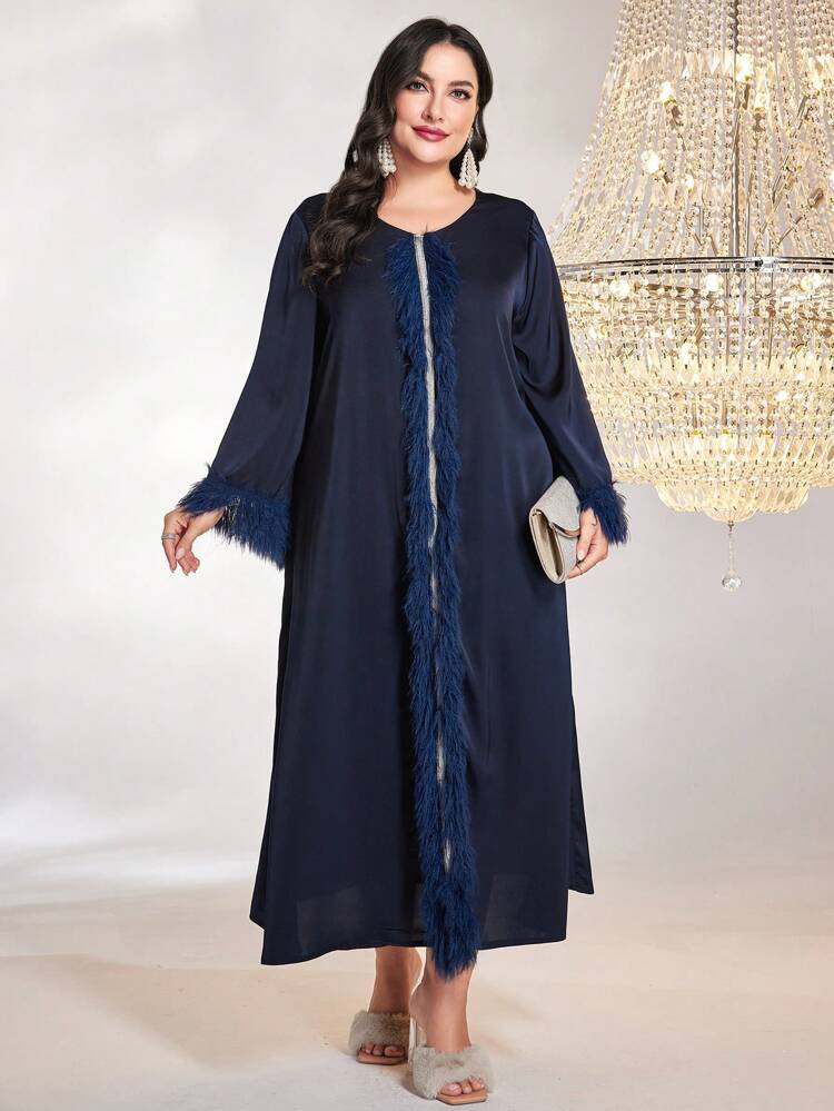 Plus Fuzzy Trim Contrast Tape Dress Kaftan Jalabiya Dress