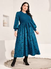 Mulvari 大碼印花燈籠袖繫腰帶洋裝 - 彩色 - 查看 3