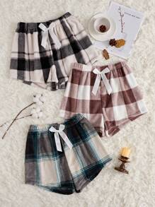 3pcs Plaid Bow Front Sleep Shorts - Multicolor - View 1