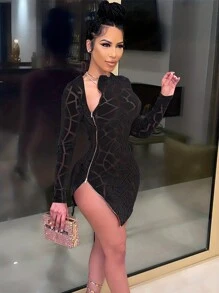 Geo Print Zip Up Dress - Black - View 1