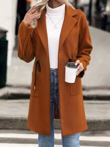 SHEIN LUNE Lapel Neck Drawstring Waist Dual Pocket Drop Shoulder Overcoat - Rust Brown - View 5
