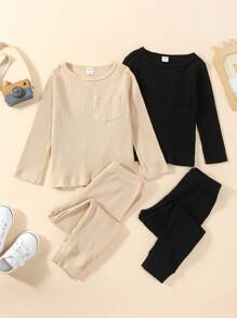 SHEIN 男小童2入組素色T恤和2入組長褲 - 彩色 - 查看 1