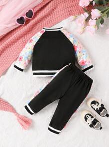 女嬰印花插肩袖學院風夾克和運動褲 - 黑色 - 查看 2