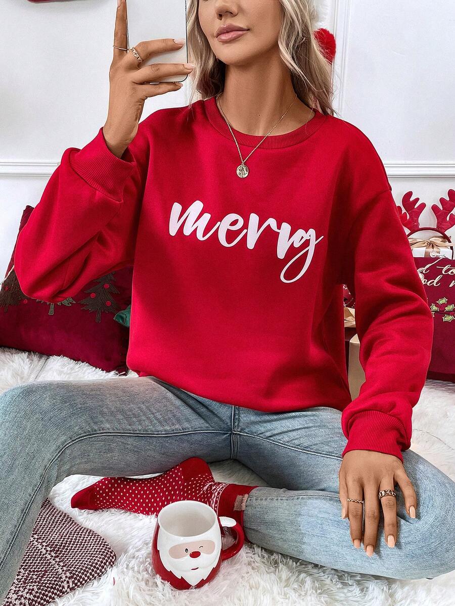 SHEIN LUNE Letter Graphic Drop Shoulder Sweatshirt - Red - View 1