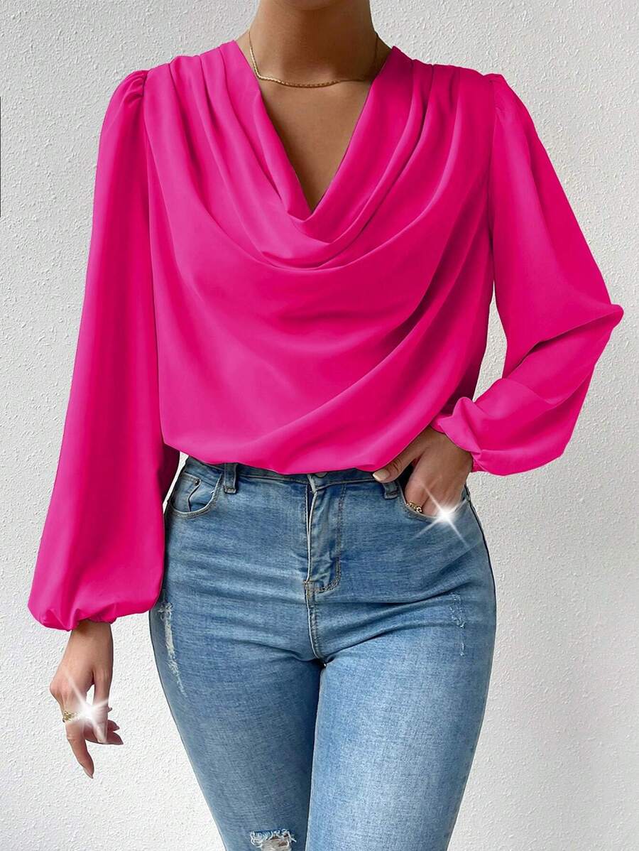 SHEIN Privé cổ áo xếp nếp Tay áo lồng đèn Áo sơ mi - Màu Hồng Tươi - Xem 1