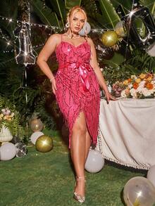 Glamaker Plus Sequin Wrap Hem Cami Dress - Hot Pink - View 4