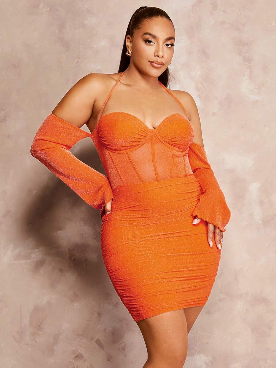 SHEIN BAE Plus Halter Neck Ruched Mesh Bodycon Dress - Orange - View 1
