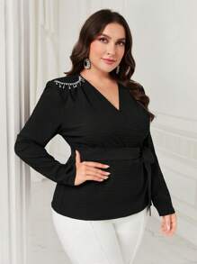 Modelyn Plus Pearls Beaded Knot Side Wrap Blouse - Black - View 5