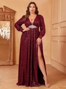 Rhinestone Decor Plunging Neck Floor Length Sequin Dress水鑽裝飾深v領及地長亮片禮服 - 酒紅色 - 查看 1