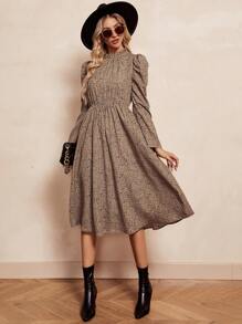 SHEIN Clasi Dalmatian Print Gigot Sleeve Dress - Brown - View 3