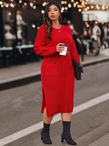 Plus Cable Knit Split Hem Sweater Dress Without Belt For New Year Clothes - Red - View 3