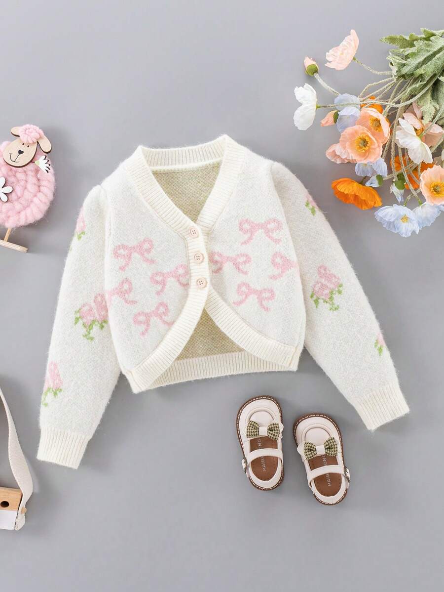 SHEIN Young Girl Bow Pattern Cardigan - Beige - View 1