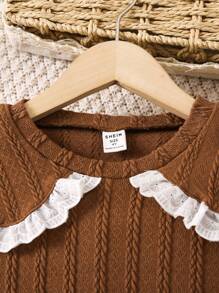 SHEIN Young Girl Contrast Lace Statement Collar Tee & Pants - Brown - View 3